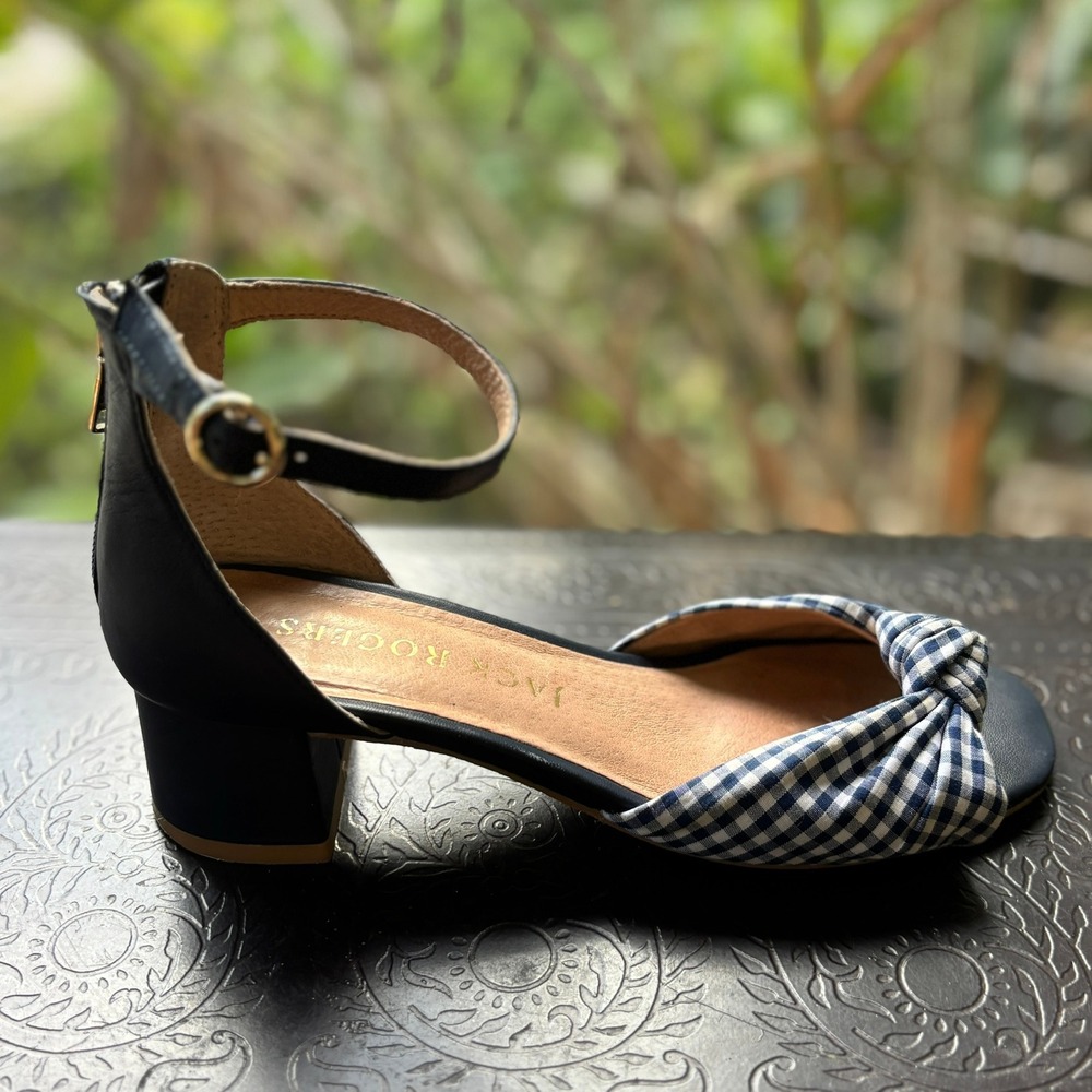 Jack Rogers Abigail Gingham Block Heel Sandals Navy White Size 7M